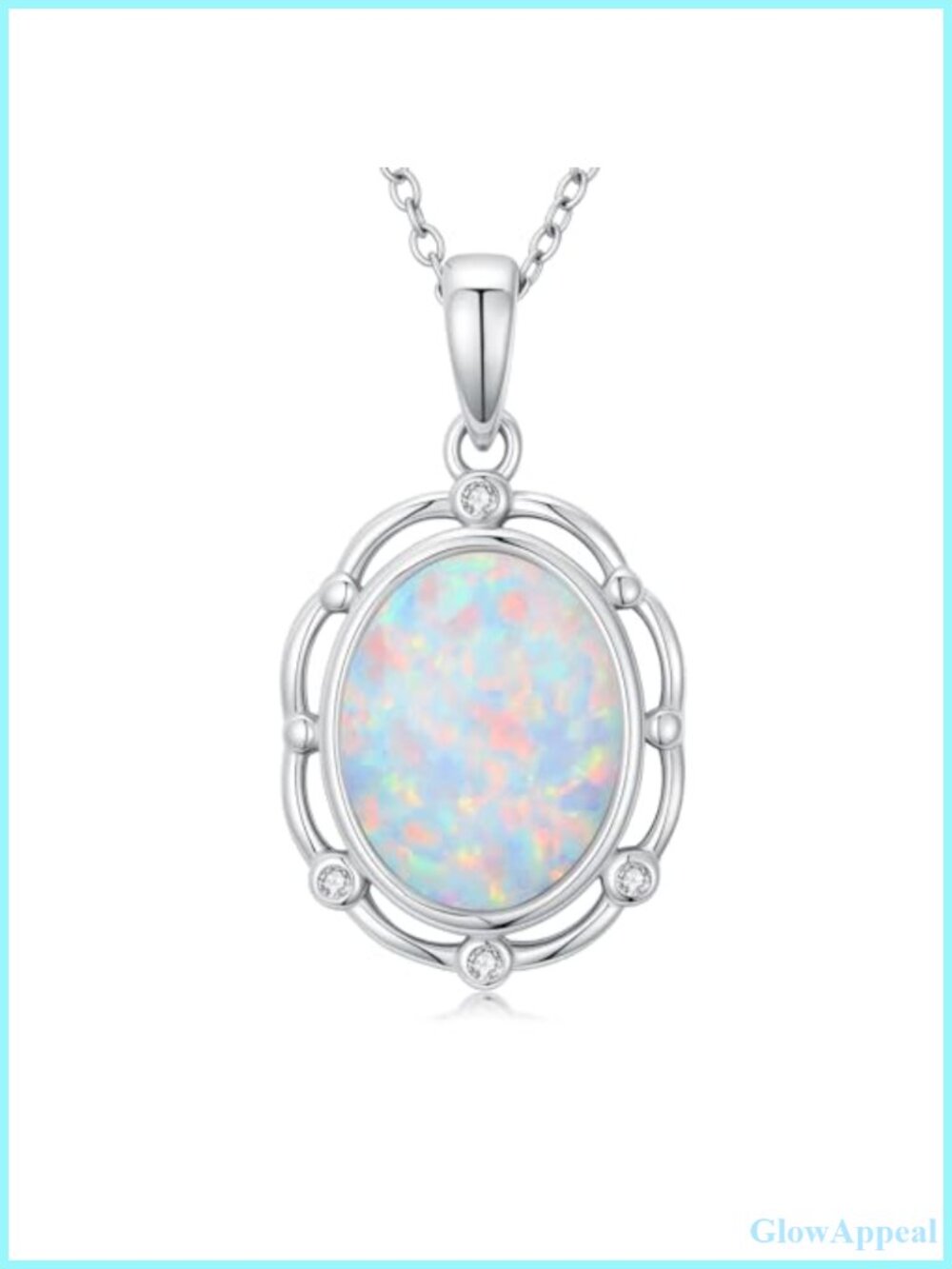 Opal & Diamond Pendant Necklace 925 Sterling Silver Adjustable Chain